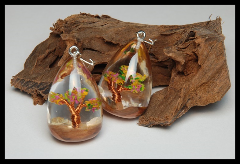 Kolczyki drewniane krople z bonsai