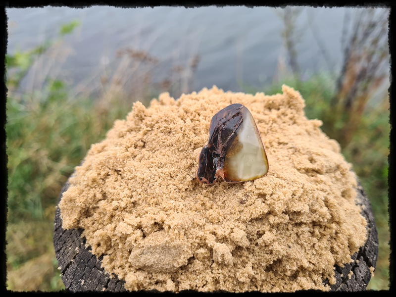 Pierścionek miedziany z bursztynem